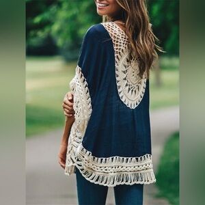 Paradise USA Crochet Top Boho Bohemian Blue & Cream Pool Vacation Flowy
